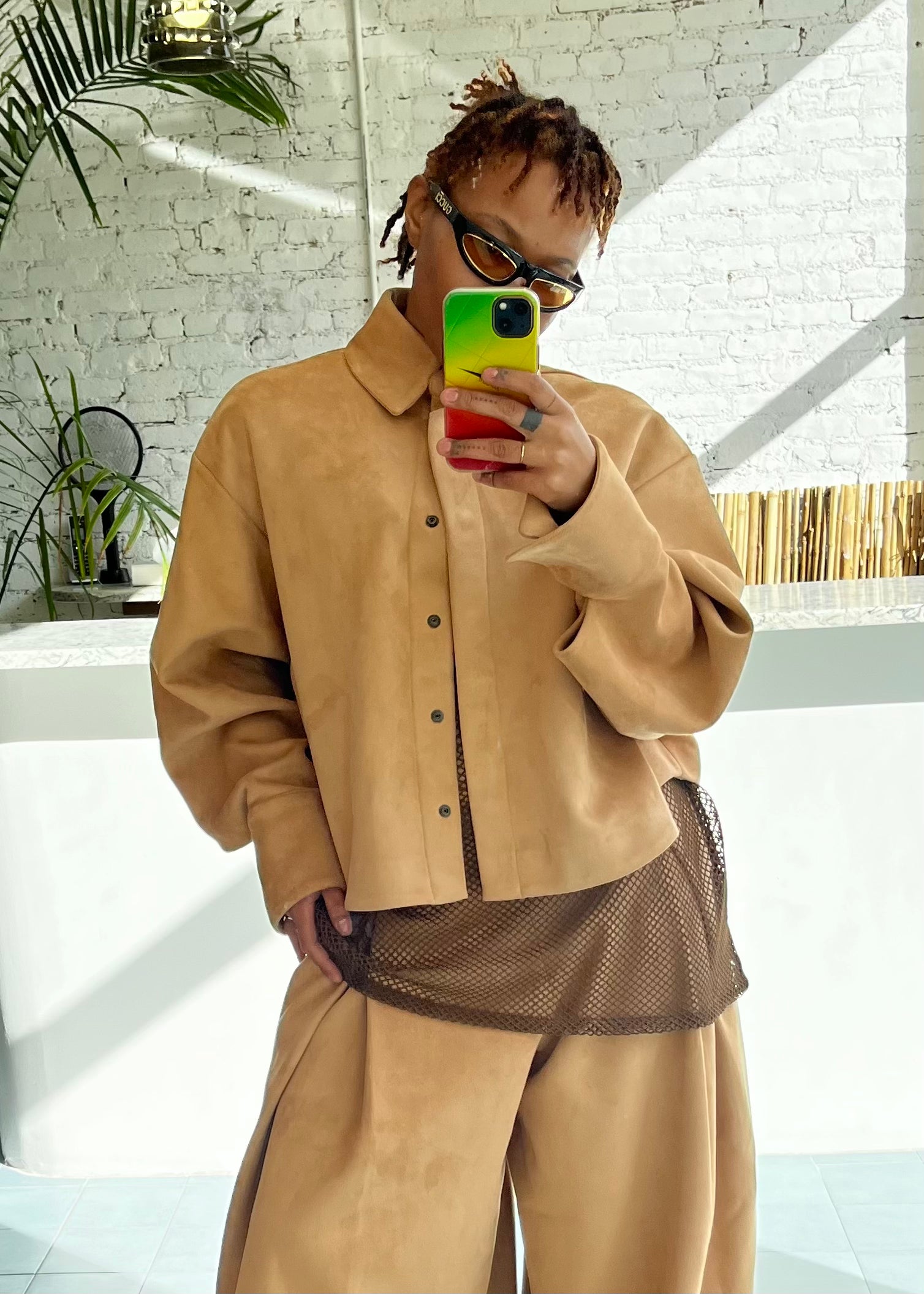 Latte Suede Boxy Button Up